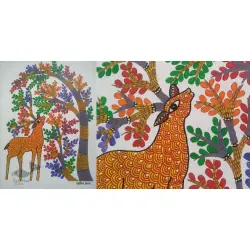 Gond Art | Hand Painted Gond Painting ( 11.5 x 15 inch ) - Deer under the tree