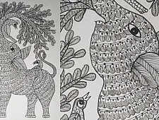 Gond Art | Hand Painted Gond Painting ( 11.5 x 15 inch ) - Elephant Black & White