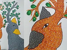 Gond Art | Hand Painted Gond Painting ( 11.5 x 15 inch ) - Grey & Orange Elephants