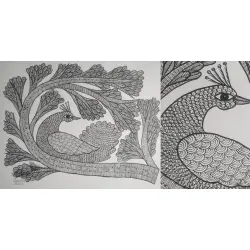 Gond Art | Hand Painted Gond Painting ( 11.5 x 15 inch ) - Peacock Black & white