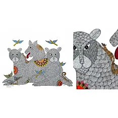 Gond Art | Hand Painted Gond Painting ( 4 X 5 Feet ) - Three Tigers