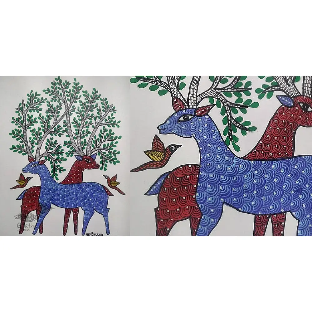 Gond Painting - indian art Birds & Deer
