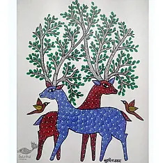 Gond Art ~ Hand Painted Gond Painting - Birds & Deer