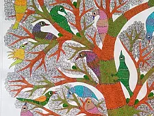 Gond Art | Birds on Tree - Hand Painted Canvas Gond Painting ( 3 X 5 Feet )