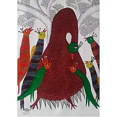 Gond Art | birds On Indian Art- Canvas Gond Painting ( 3 X 6 Feet )