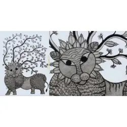 Gond Art | A Liion - Hand Painted Gond Painting ( 3 x 4 Feet )