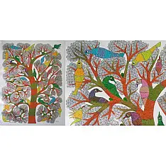 Gond Art | Birds on Tree - Hand Painted Canvas Gond Painting ( 3 X 5 Feet )