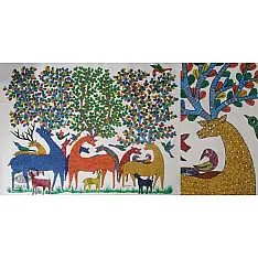 Gond Art | Deer Family - Hand Painted Gond Painting ( 3 x 4 Feet )