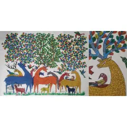 Gond Art | Deer Family - Hand Painted Gond Painting ( 3 x 4 Feet )