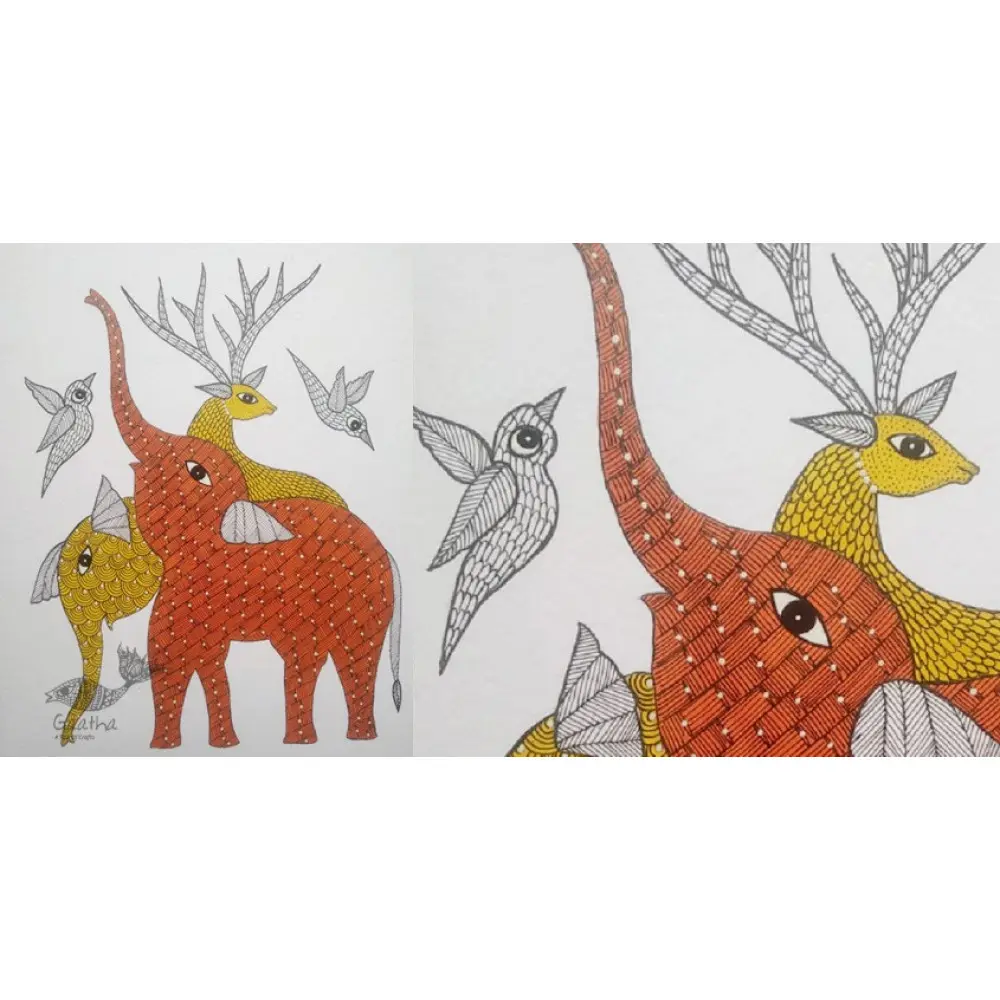 Buy Hand Painted Gond Painting Elephant & Deer