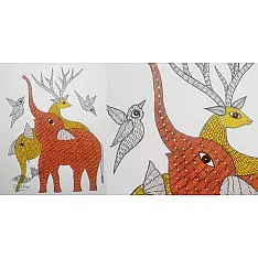 Gond Art | Elephant & Deer - Hand Painted Gond Painting ( 11.5 x 15 inch ) C 15
