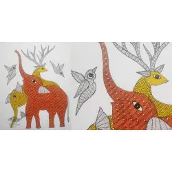 Gond Art | Elephant & Deer - Hand Painted Gond Painting ( 11.5 x 15 inch ) C 15