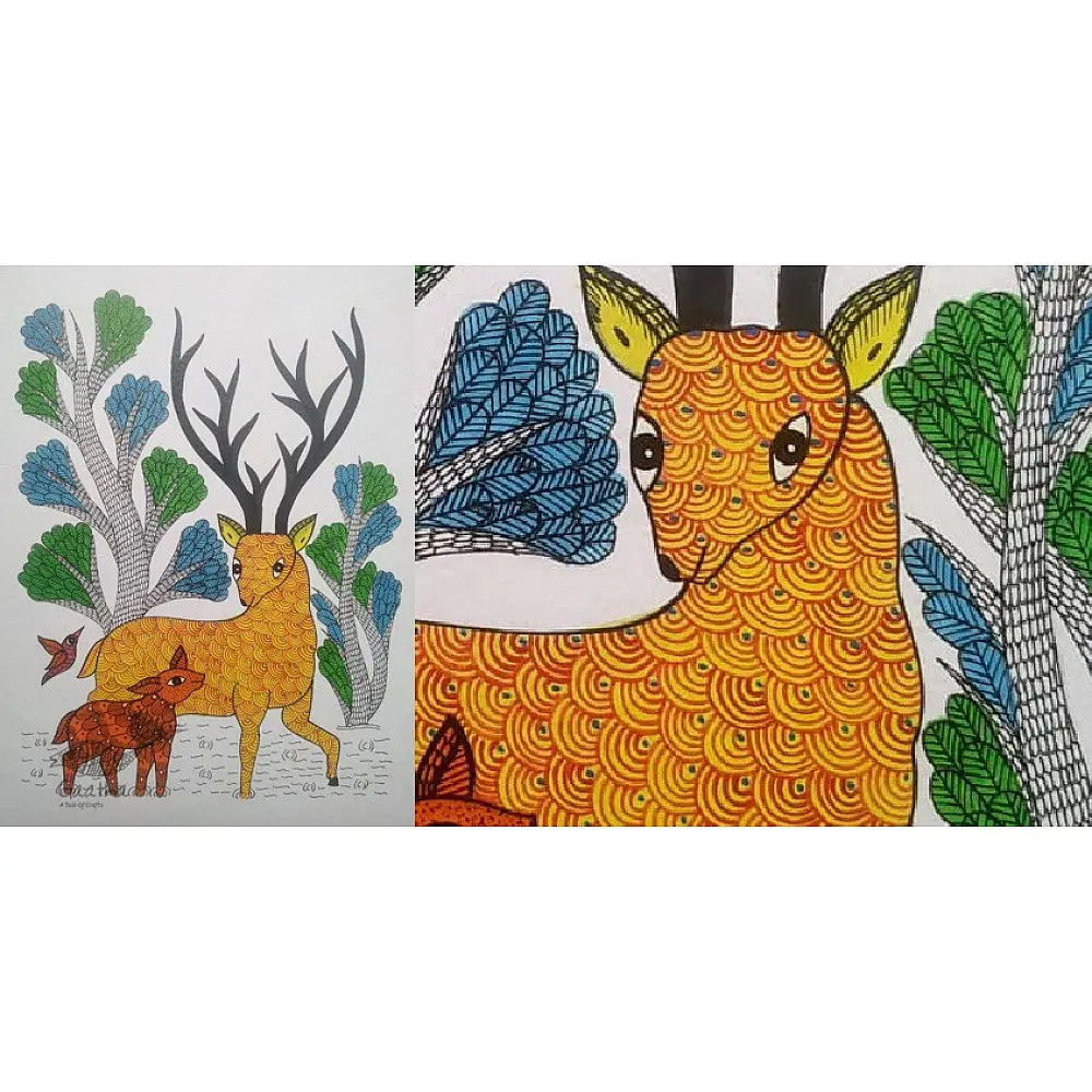 Buy Hand Painted Gond Painting - Mother deer with Baby deer