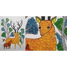 Gond Art | Mother deer with Baby deer - Hand Painted Gond Painting ( 11.5 x 15 inch )
