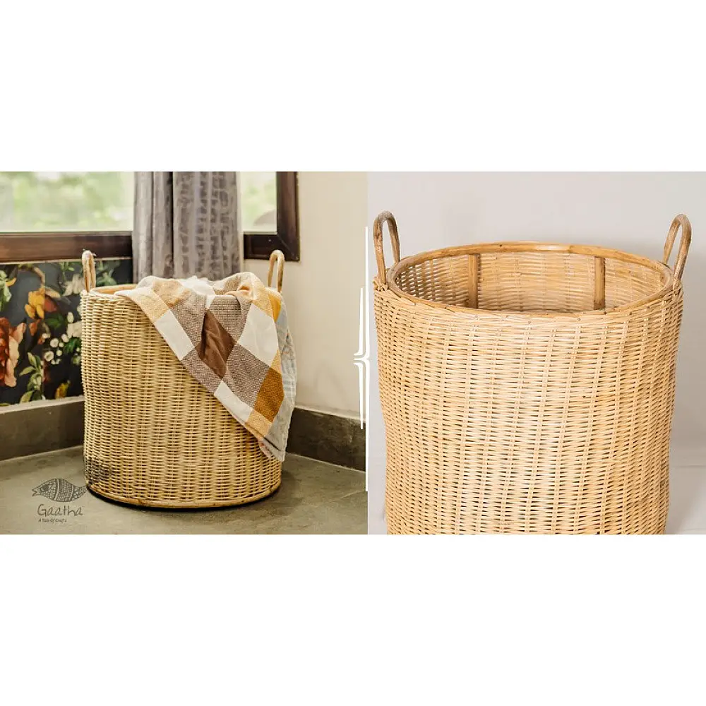 handmade natural wicker laundry basket with sturdy loop handles and woven cane texture