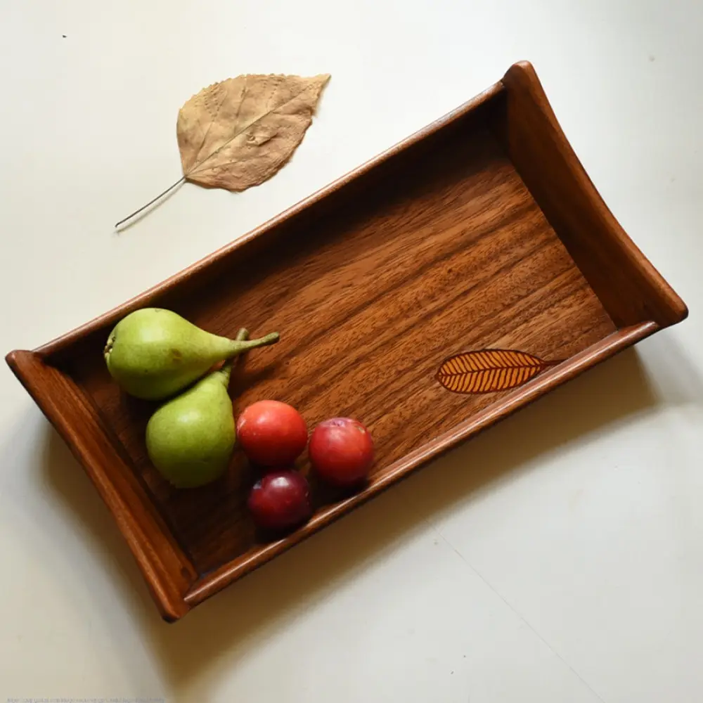 handmade wooden serving tray with leaf inlay design