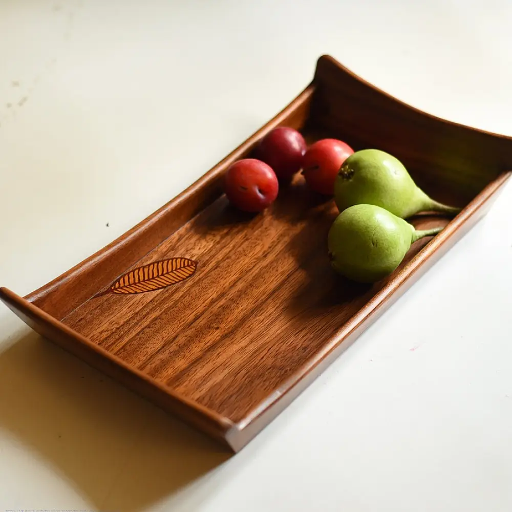 handmade wooden serving tray with leaf inlay design