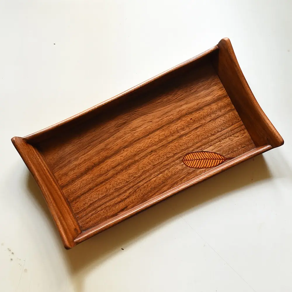 handmade wooden serving tray with leaf inlay design