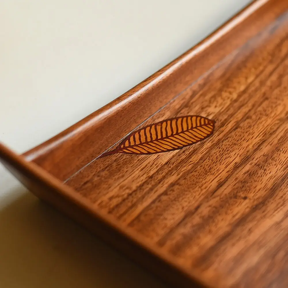 handmade wooden serving tray with leaf inlay design