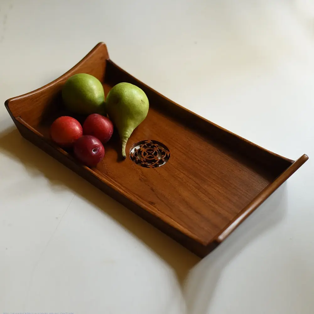 handmade wooden serving tray with carved geometric center design