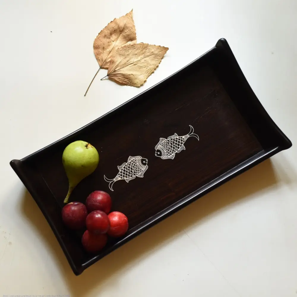 handmade wooden serving tray with fish inlay design