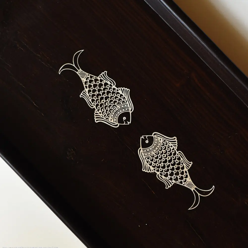 handmade wooden serving tray with fish inlay design