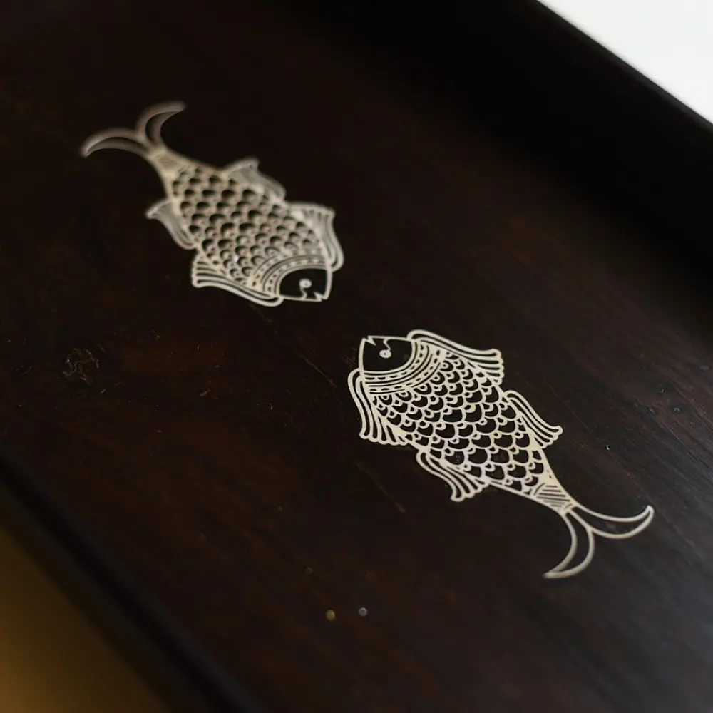 handmade wooden serving tray with fish inlay design