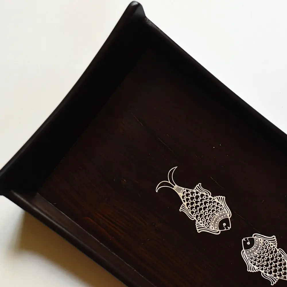 handmade wooden serving tray with fish inlay design