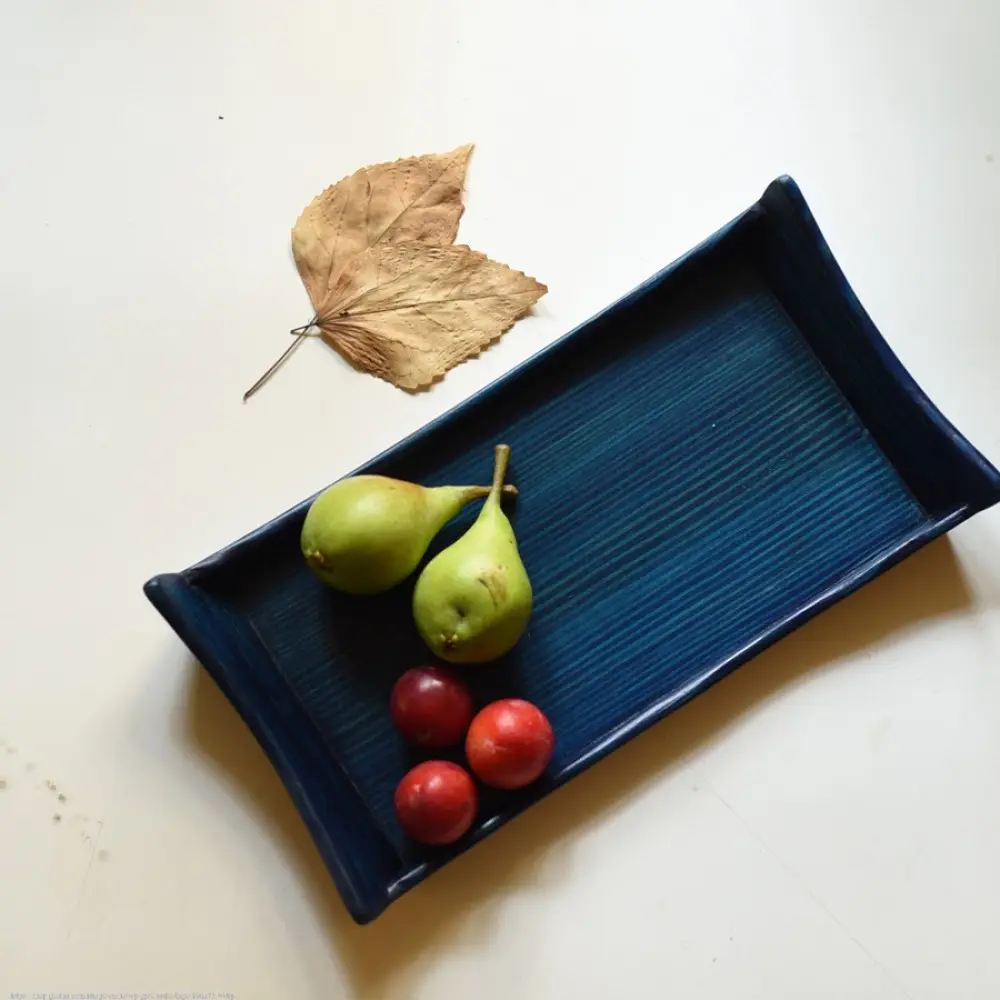 handmade wooden serving tray in teal blue textured finish