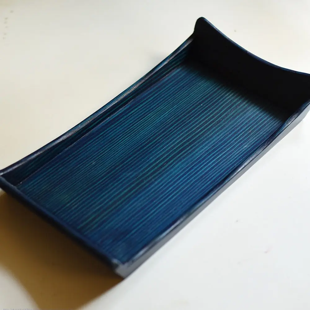 handmade wooden serving tray in teal blue textured finish