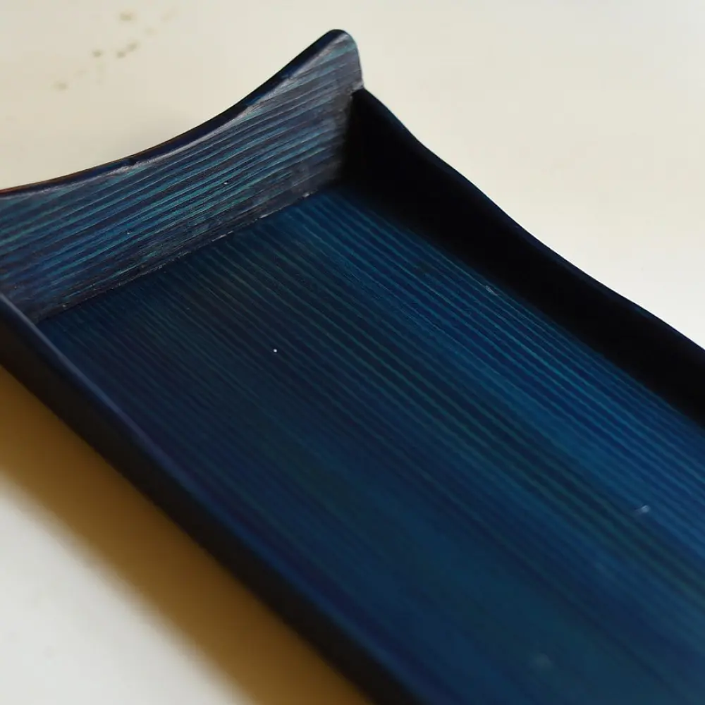 handmade wooden serving tray in teal blue textured finish
