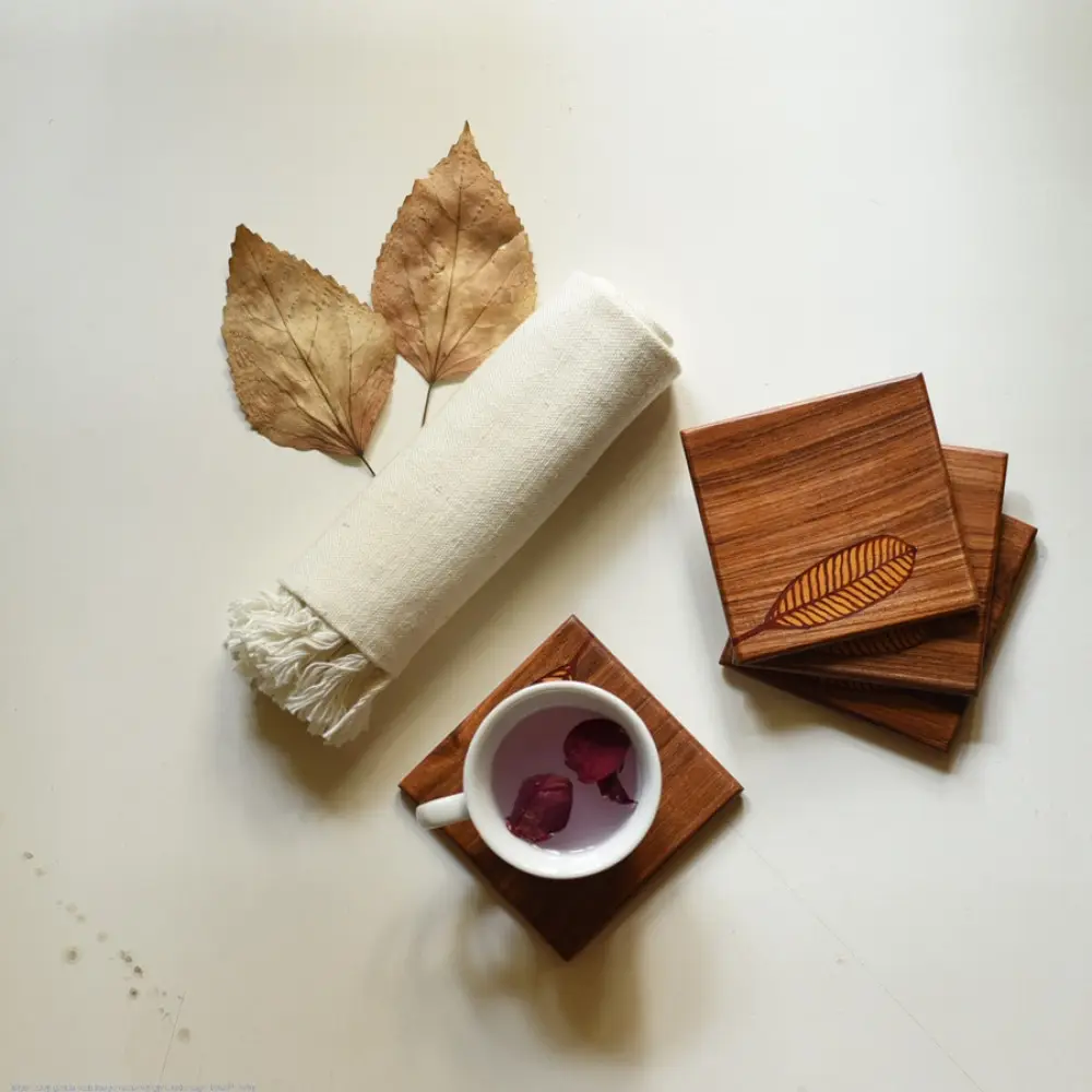 buy Wooden Coaster with leaf inlay