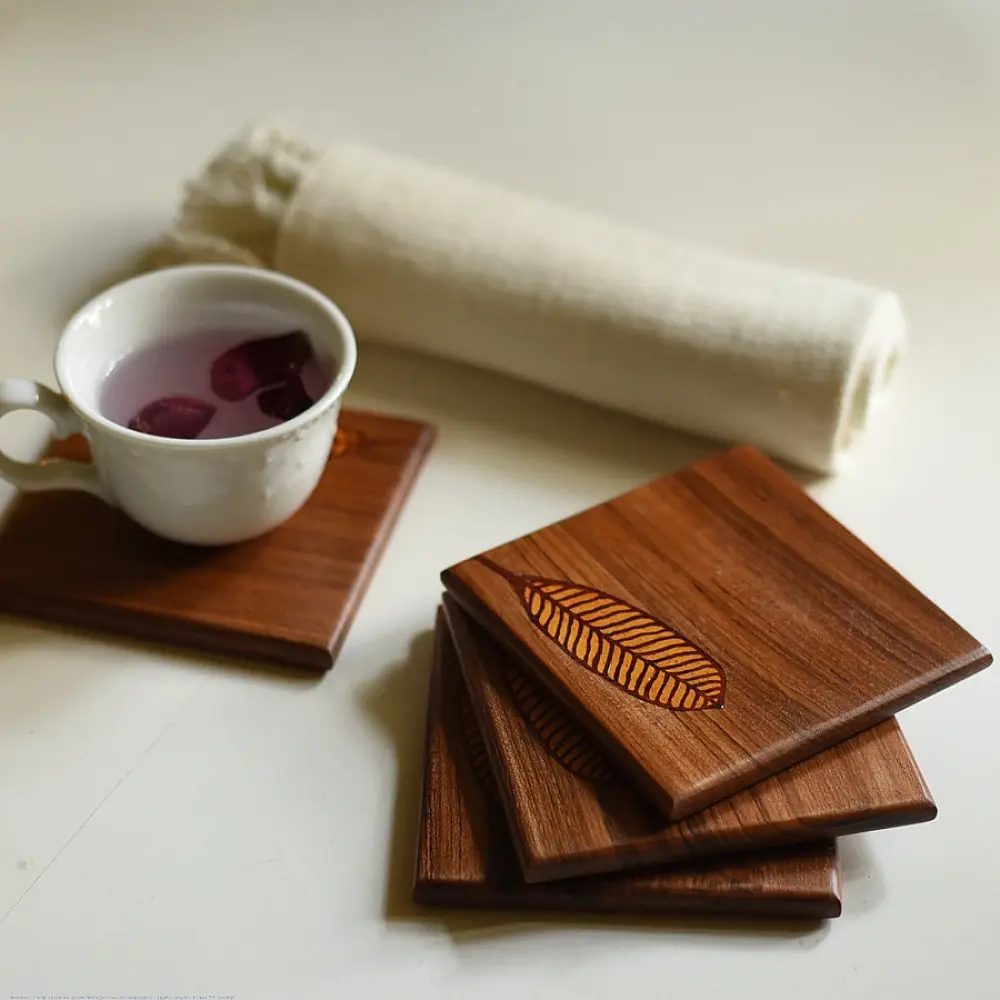 buy Wooden Coaster with leaf inlay