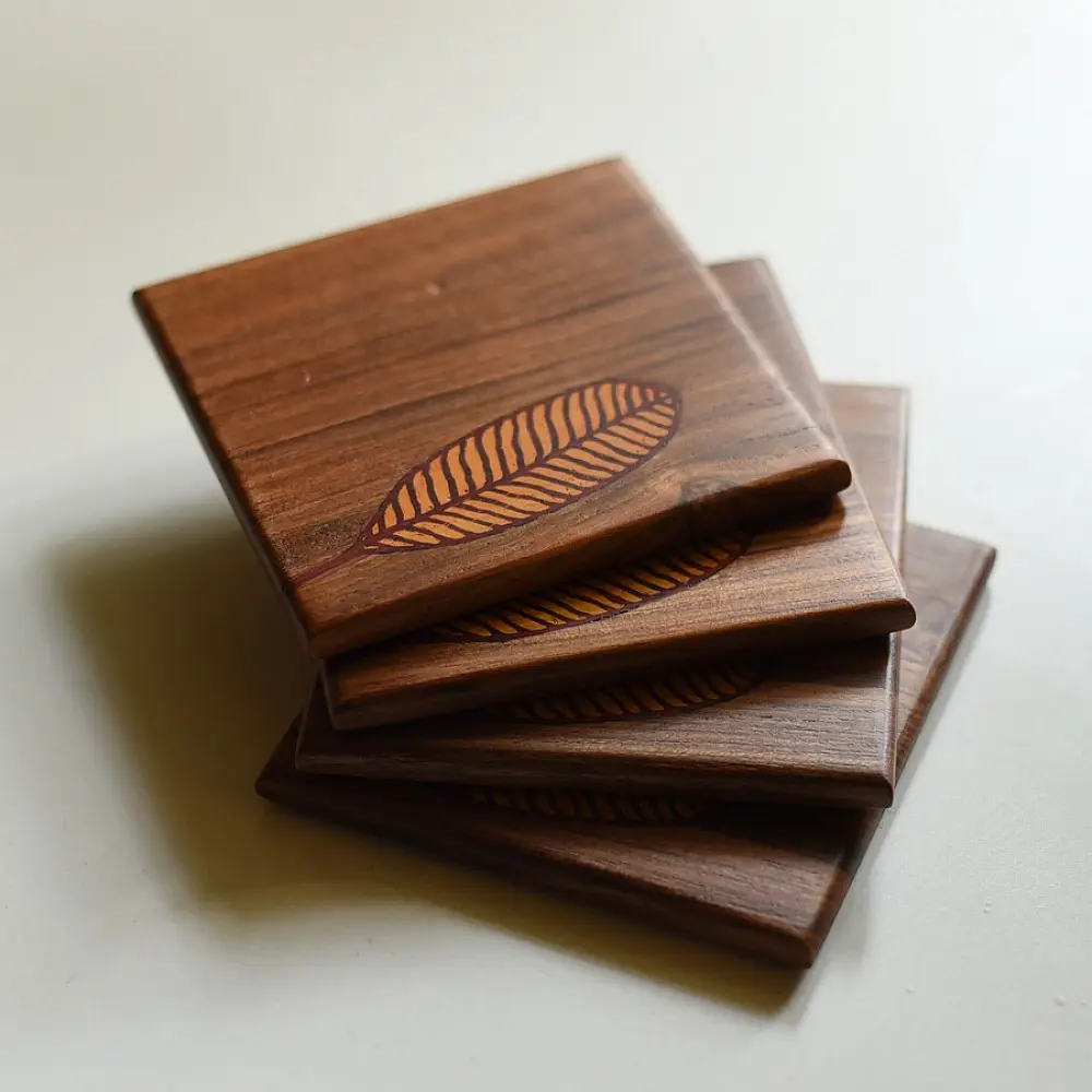 buy Wooden Coaster with leaf inlay