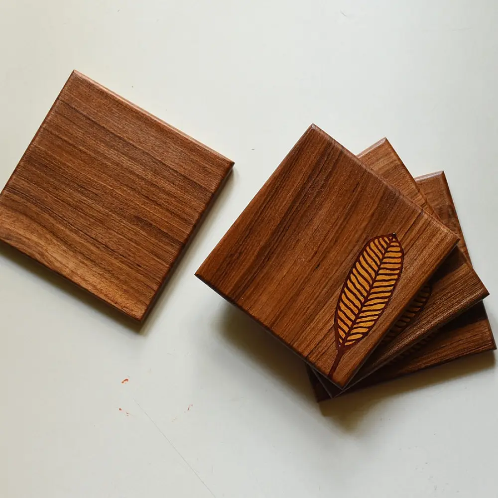 buy Wooden Coaster with leaf inlay