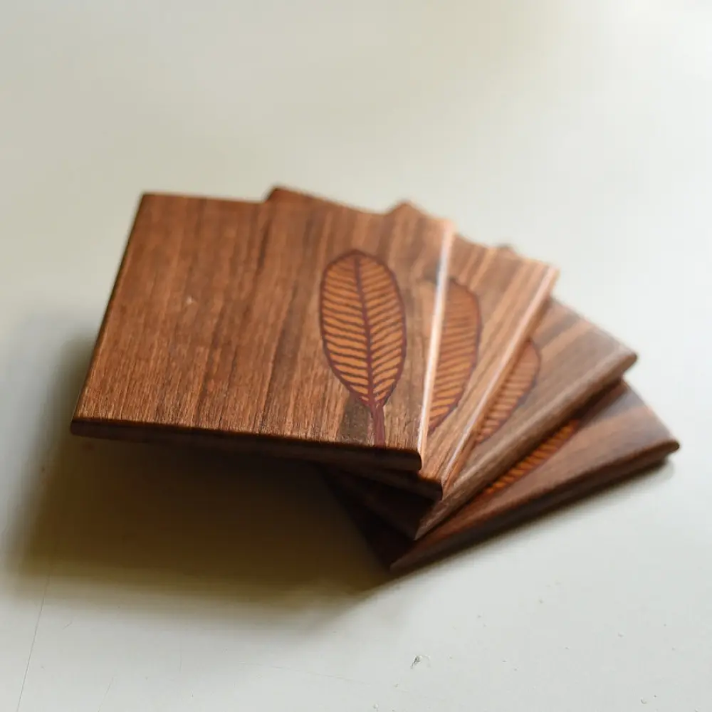buy Wooden Coaster with leaf inlay