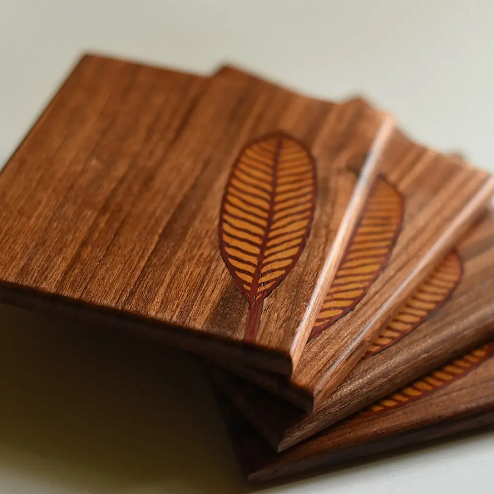 buy Wooden Coaster with leaf inlay