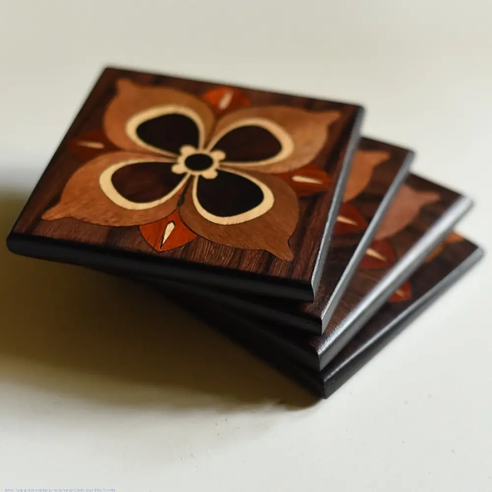 handmade dark wood coasters set of four with four petal flower wooden inlay design