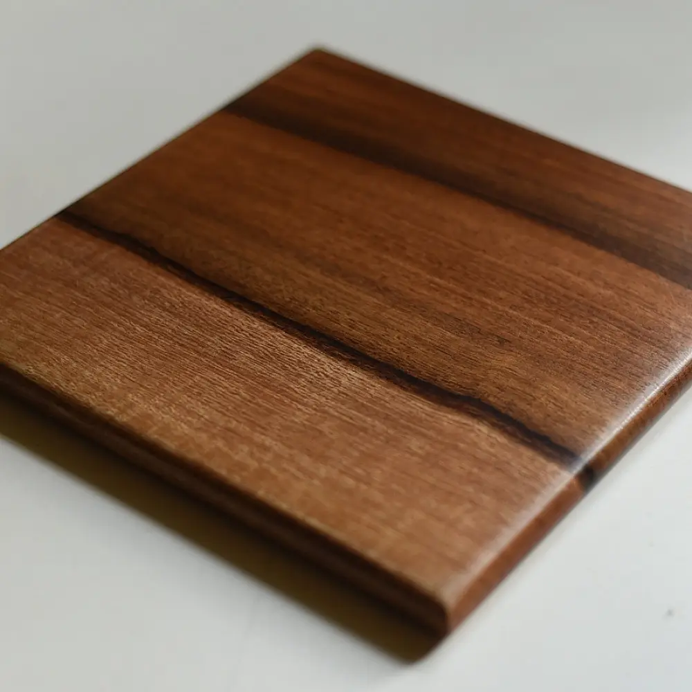handmade wooden trivet with engraved leaf motif and two-tone finish