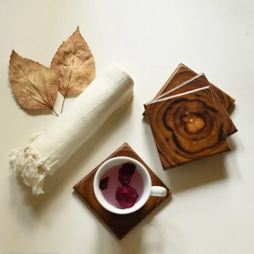 handmade square natural tree ring grain wooden coasters set of four