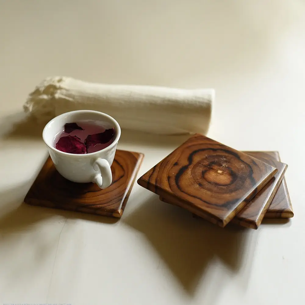 handmade square natural tree ring grain wooden coasters set of four