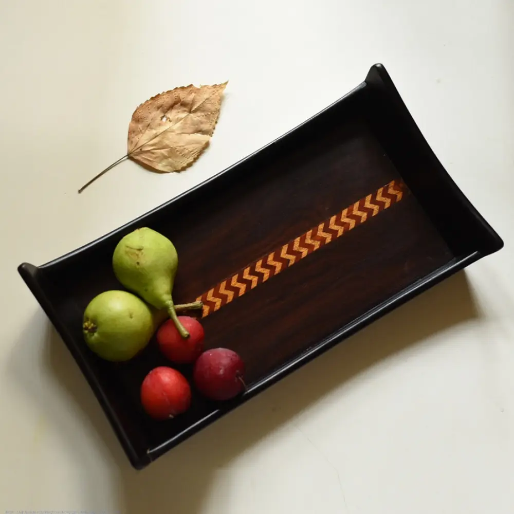 handmade wooden serving tray with zig zag inlay design and raised edges