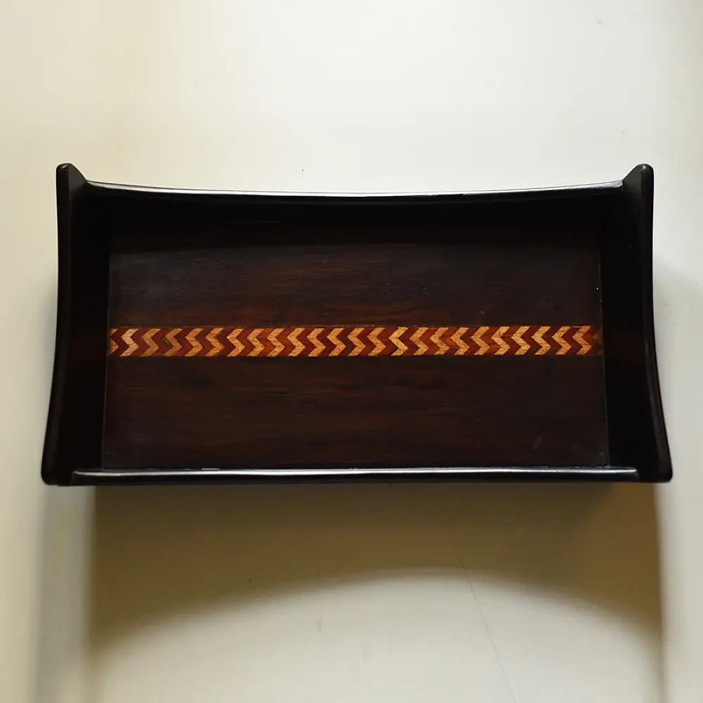 handmade wooden serving tray with zig zag inlay design and raised edges