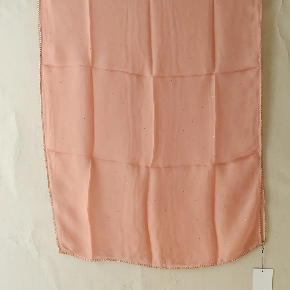 semi stitched viscose georgette kurti in delicate peach color featuring fine hand embroidered chikankari lattice yoke and all over floral motifs paired with a mukaish and lace detailed dupatta