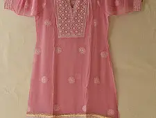 Handcrafted Georgette Chikankari Semi Stitched Kurti With Mukaish Work Dupatta ~ Pink 