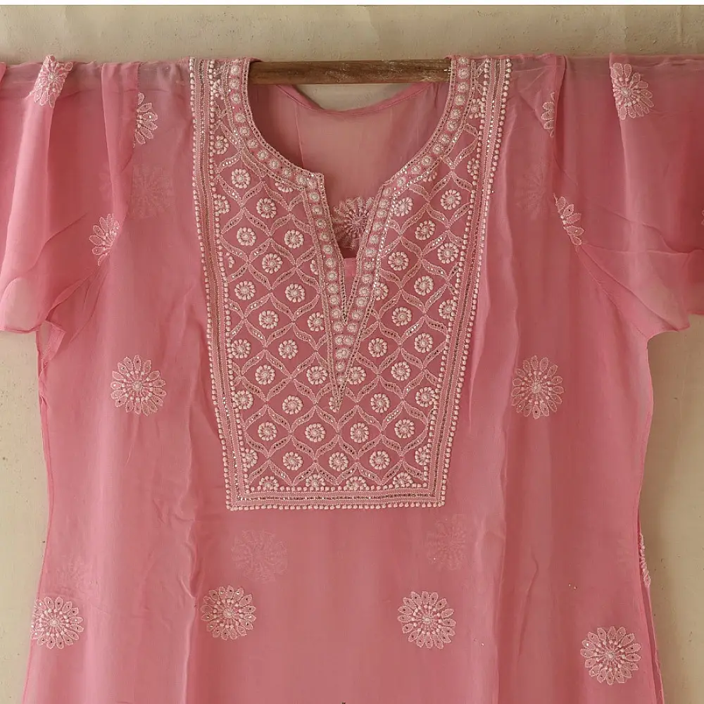 Buy Handcrafted Chikankari Semi Stitched Kurtas ~ Georgette