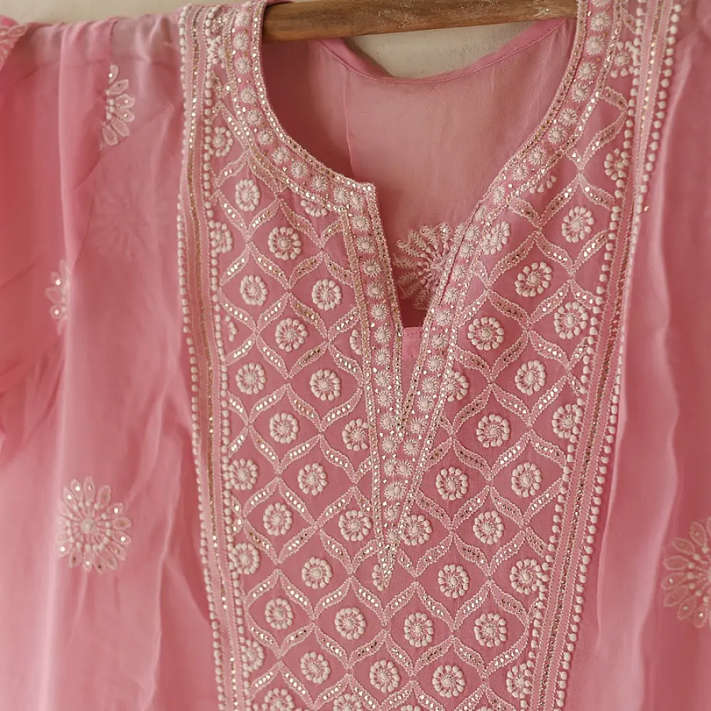 Buy Handcrafted Chikankari Semi Stitched Kurtas ~ Georgette