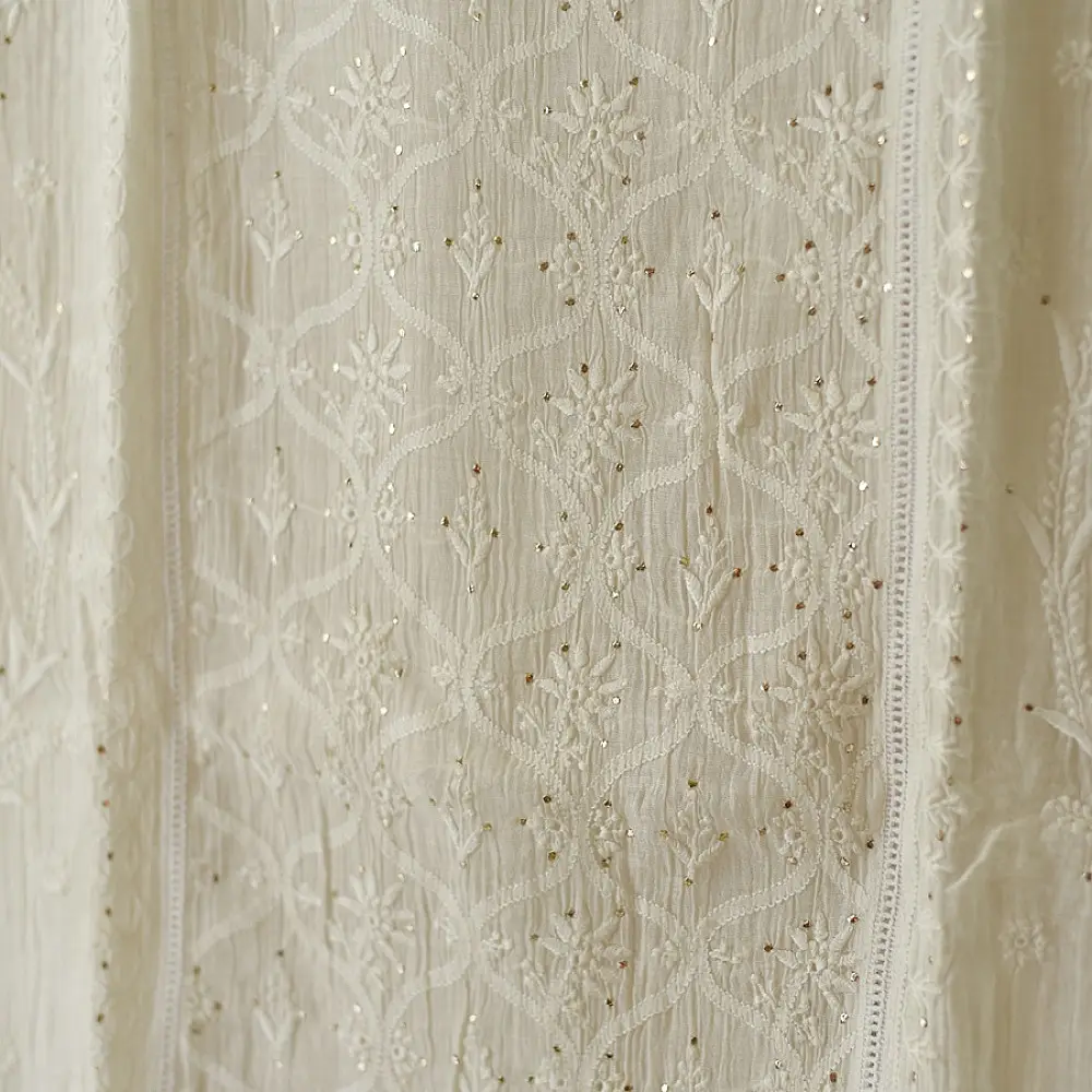 handcrafted lucknowi chikankari and mukaish work unstitched off white cotton kurta length with intricate shadow work embroidery and metallic kamdani embellishments and dupatta