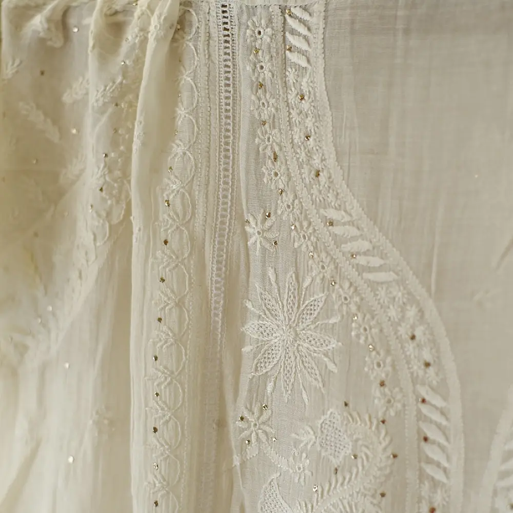 handcrafted lucknowi chikankari and mukaish work unstitched off white cotton kurta length with intricate shadow work embroidery and metallic kamdani embellishments and dupatta