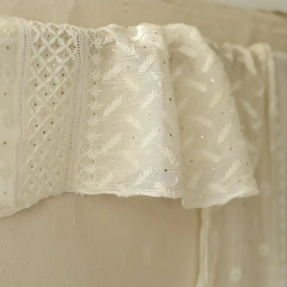 handcrafted lucknowi chikankari and mukaish work unstitched off white cotton kurta length with intricate shadow work embroidery and metallic kamdani embellishments and dupatta